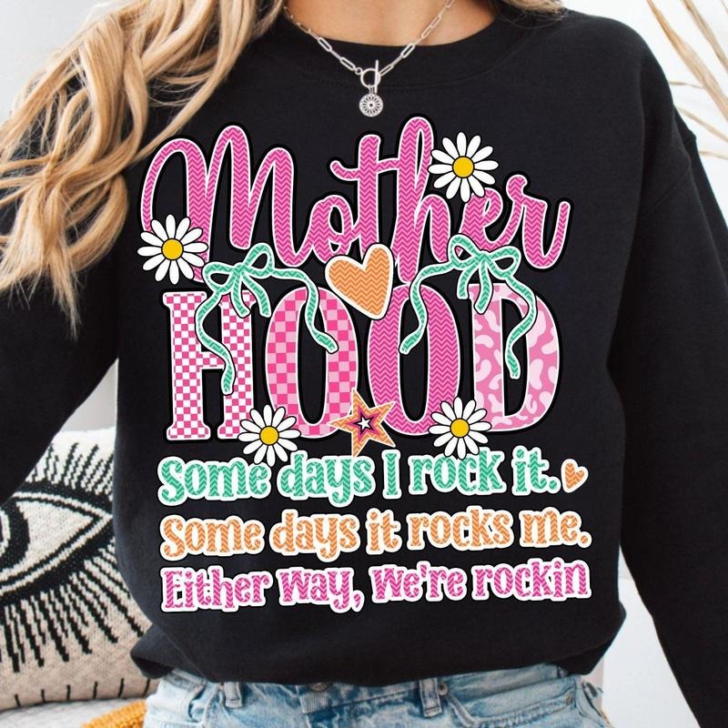 Motherhood Coquette Bow Tshirt Sweatshirt, Pink Checkered Pattern, Funny Sarcastic Mom, Mothers Day, Motherhood Gifts,...