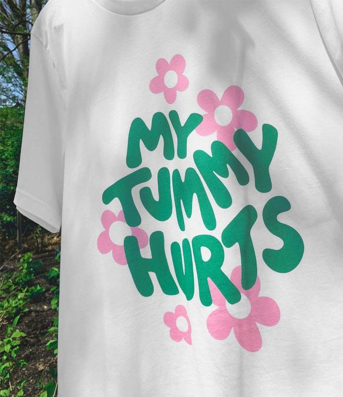 My Tummy Hurts Aesthetic Tee Shirt Groovy Graphic Tee Trendy Y2k Tumblr Graphic Tee Celiac Gluten-free Ibs Lactose Green Pink