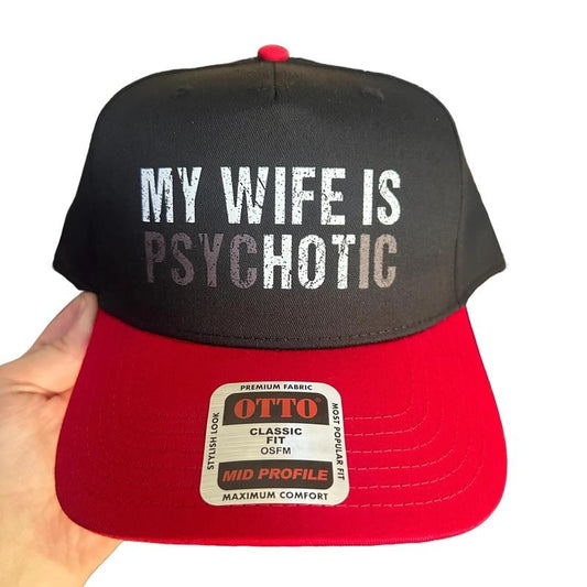 My Wife Is PsycHOTic Baseball Cap,  Mesh Back, Mid Profile Hat, Pre-curved Bill, Snap Back, Alternative Goth Alt Punk Accessory