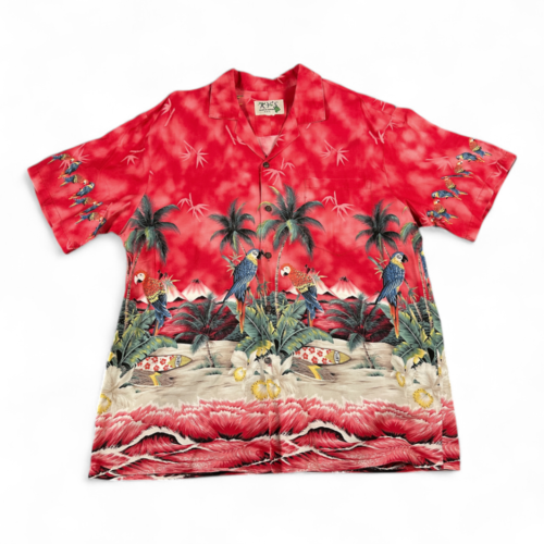 Vintage Kys Hawaiian Shirt Adult LARGE Red Aloha Tropical Parrot Palm Tree 80s