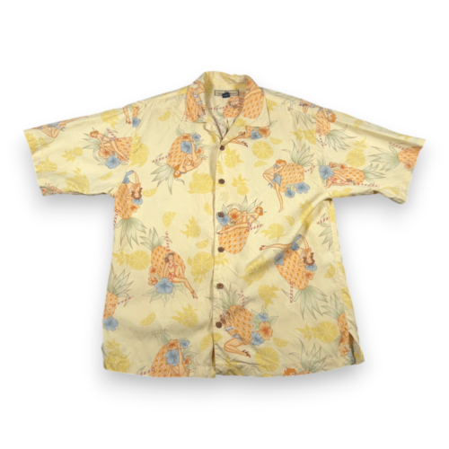 Vintage Tommy Bahama Hawaiian Shirt Adult MEDIUM Yellow Silk Pinup Girl Camp Y2K