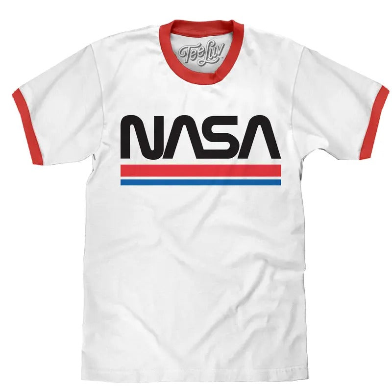 NASA Worm Logo Ringer T-Shirt - White and Red Hoodie, Sweatshirt | InkThreadWorks.com