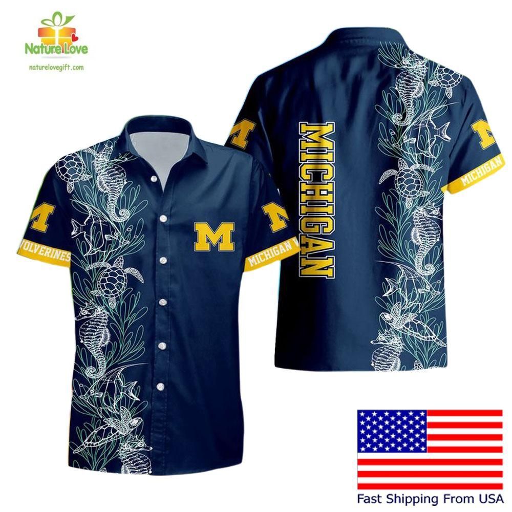 Michigan Wolverines Hawaiian Shirt Turtle Seaweed Pattern