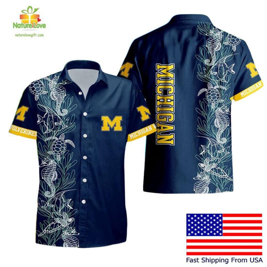 Michigan Wolverines Hawaiian Shirt Turtle Seaweed Pattern