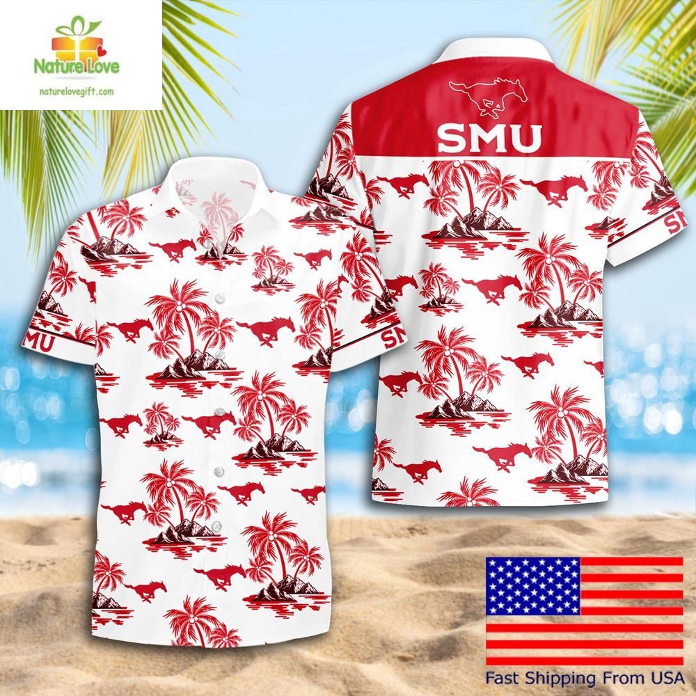 SMU Mustangs Hawaiian Shirt Coconut Tree Logo Summer Pattern