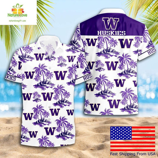 Washington Huskies Hawaiian Shirt NCAA Coconut Tree Logo Summer