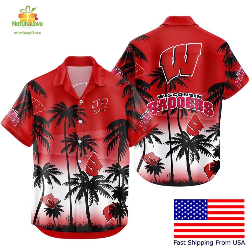 Wisconsin Badgers Hawaiian Shirt Coconut Forest Tropical Fan Style