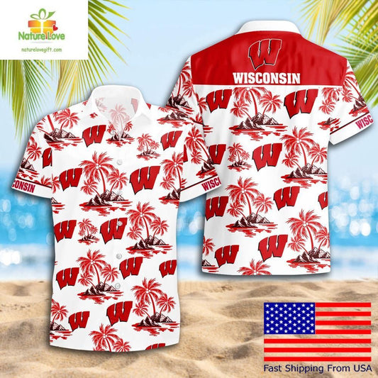 Wisconsin Badgers Hawaiian Shirt NCAA Coconut Tree Logo Summer