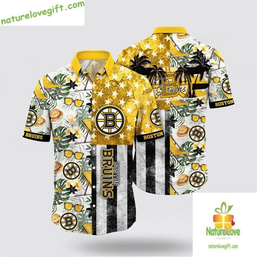 Boston Bruins Hawaiian Shirt with Tropical Hat and Glasses