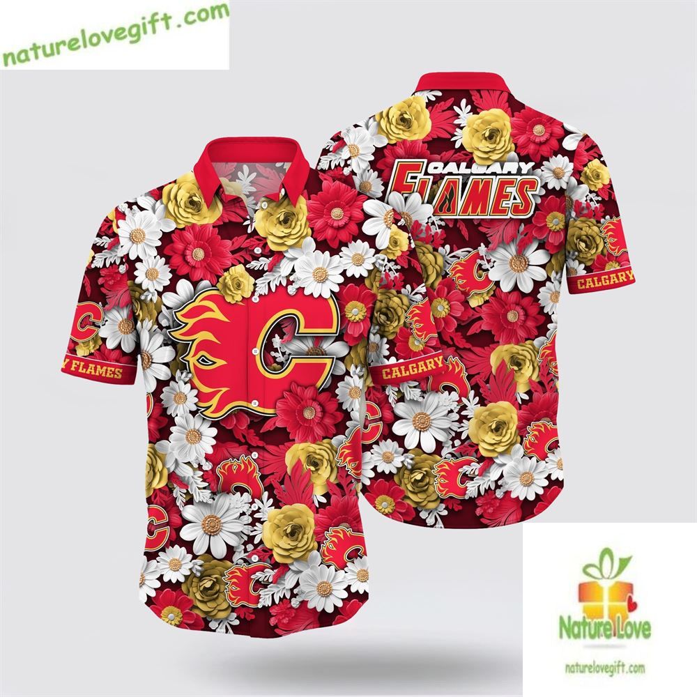 Calgary Flames Hawaiian Shirt Tropical Begonia Flower Design LV2CRK10TS