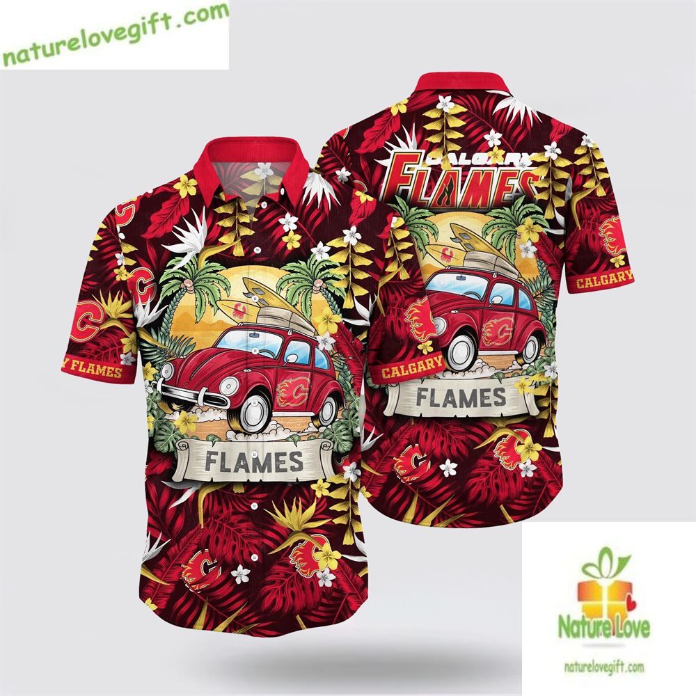Calgary Flames Hawaiian Shirt Tropical Summer Travel Aloha Shirt