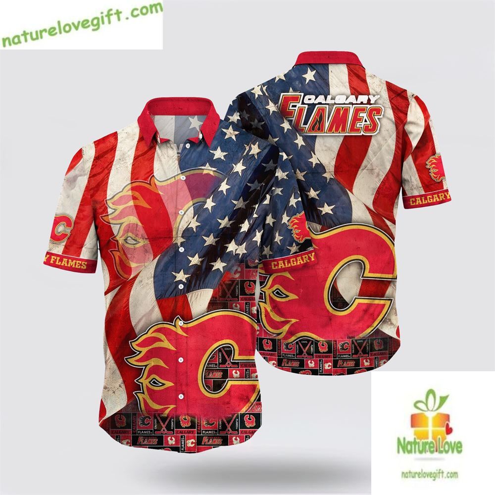 Calgary Flames NHL Hawaiian Shirt American Flag Summer Design