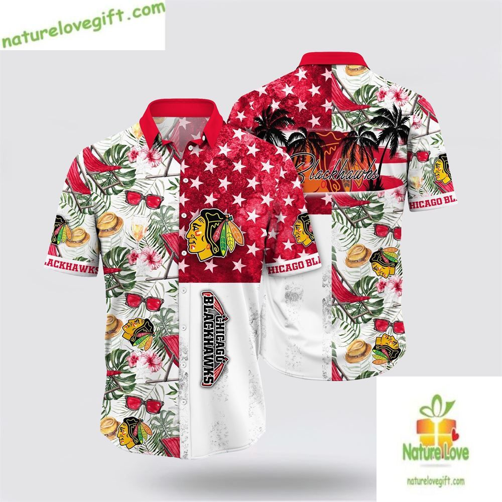 Chicago Blackhawks Hawaiian Shirt with Tropical Hat and Glasses LV1O4W2MSE