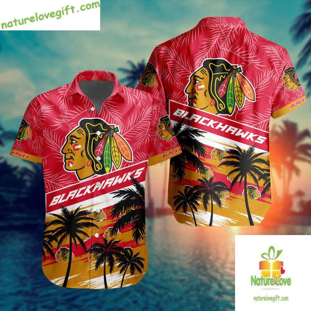 Chicago Blackhawks Hawaiian Shirt Palm Tree Button Up Aloha Shirt