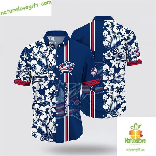 Columbus Blue Jackets Hawaiian Shirt Tropical Apricot Blossom