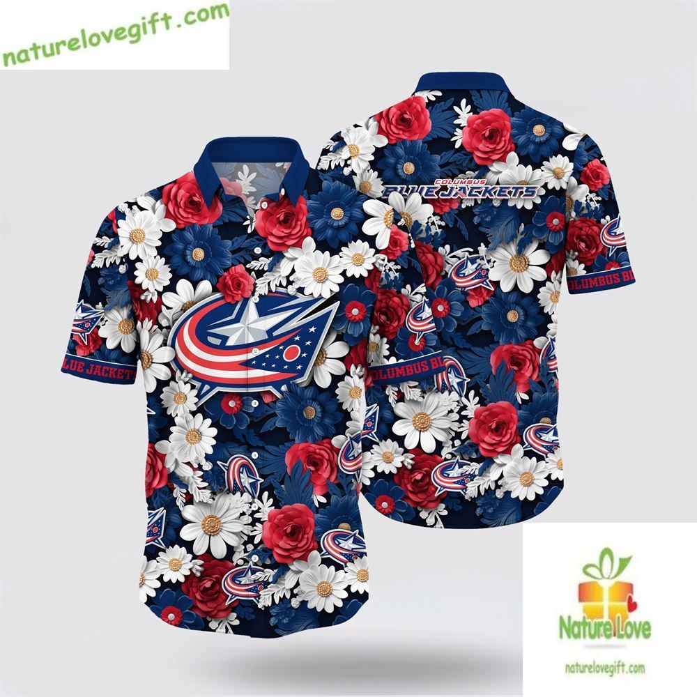 Columbus Blue Jackets Hawaiian Shirt Tropical Begonia Flower Design LV-E48N6ZOJ