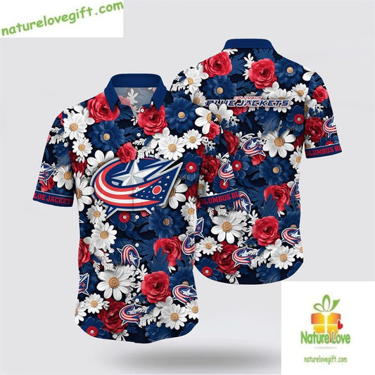 Columbus Blue Jackets Hawaiian Shirt Tropical Begonia Flower Design LV-E48N6ZOJ