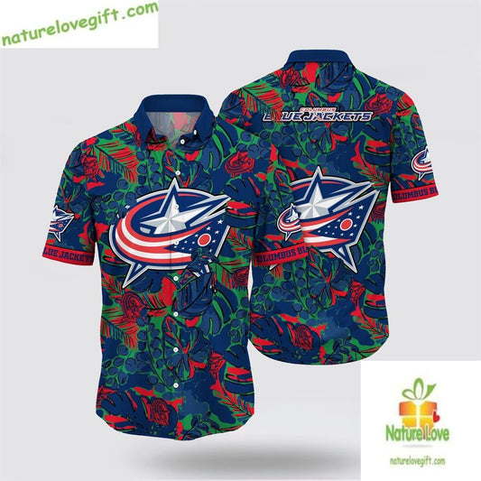 Columbus Blue Jackets Hawaiian Shirt Tropical Leaf Summer Design
