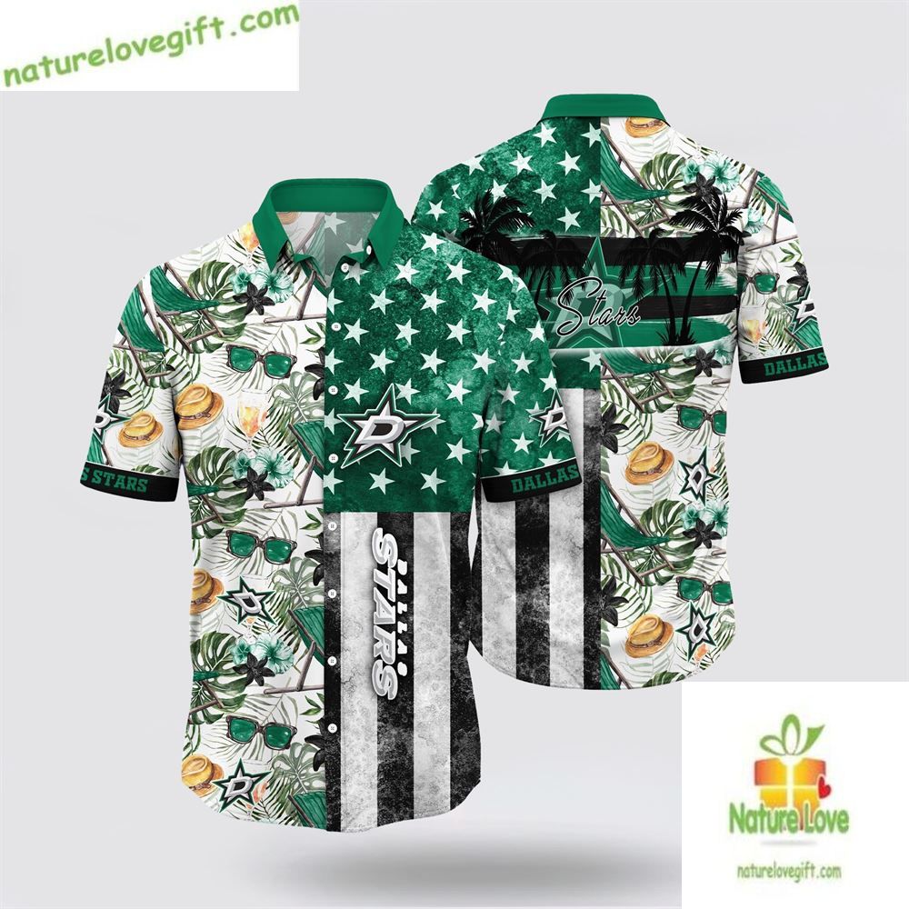 Dallas Stars Hawaiian Shirt with Tropical Hat and Glasses LVWYEQGUNU