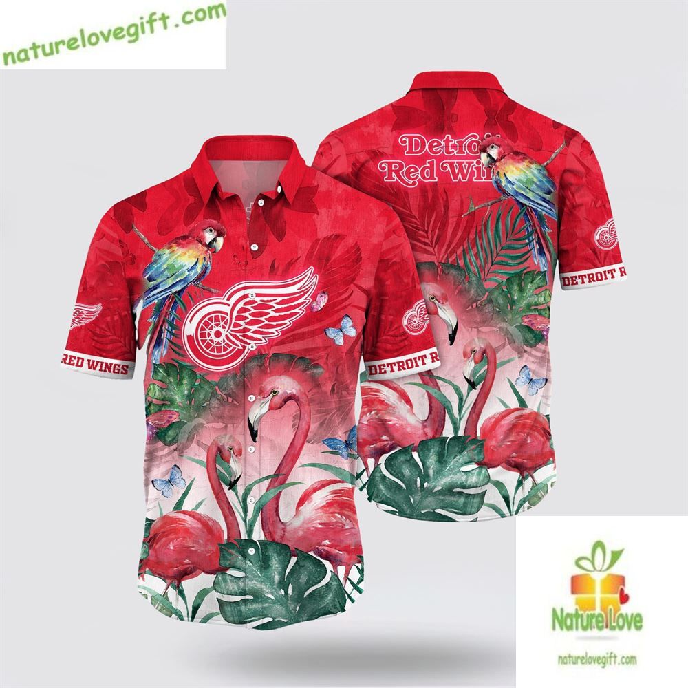 Detroit Red Wings Hawaiian Shirt Tropical Flamingo Parrot Summer
