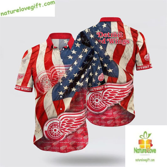 Detroit Red Wings Hawaiian Shirt American Flag Summer Shirt