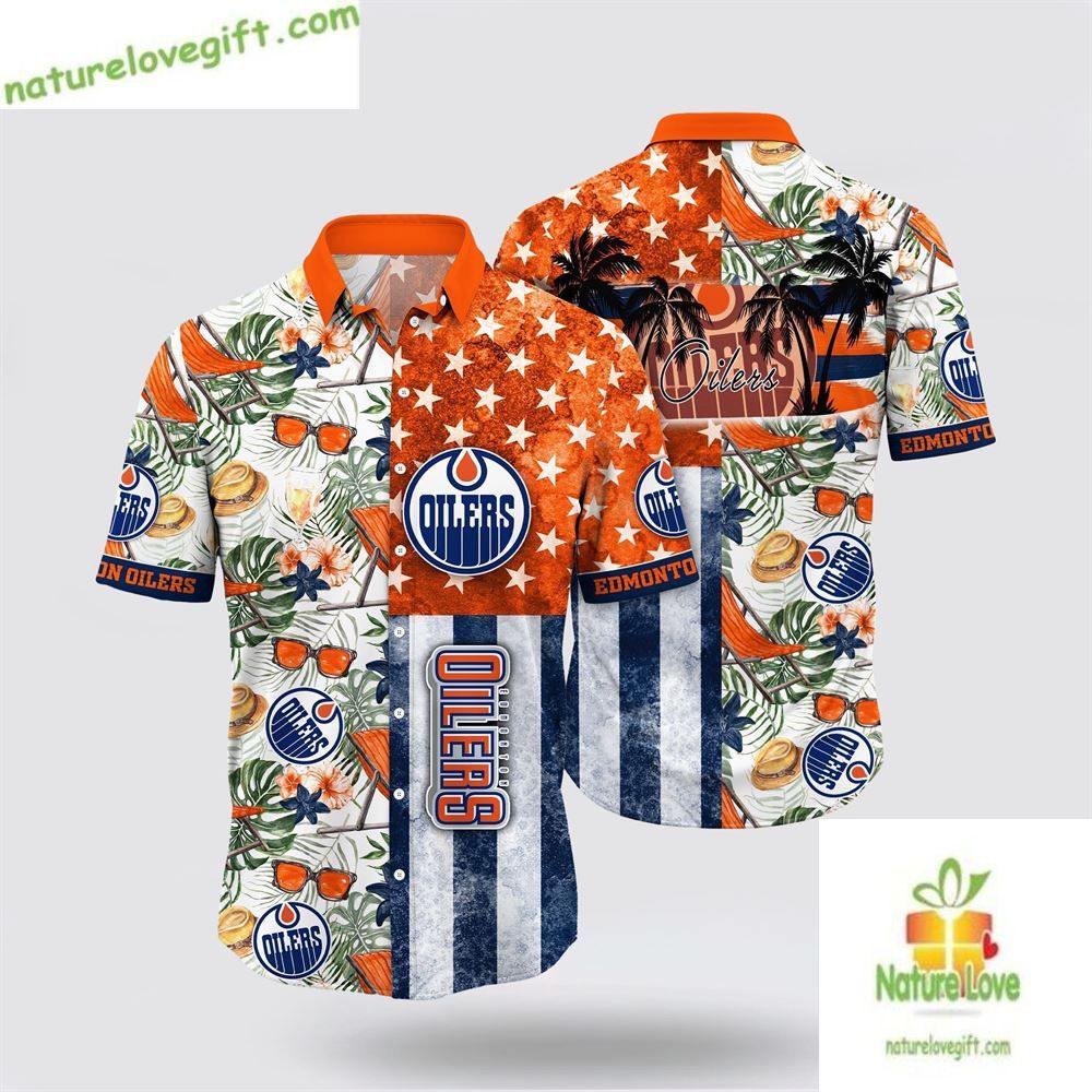 Edmonton Oilers Hawaiian Shirt with Tropical Hat and Summer Glasses