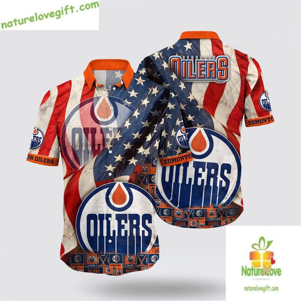 Edmonton Oilers Hawaiian Shirt American Flag Summer Shirt for Men Women