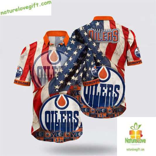 Edmonton Oilers Hawaiian Shirt American Flag Summer Shirt for Men Women