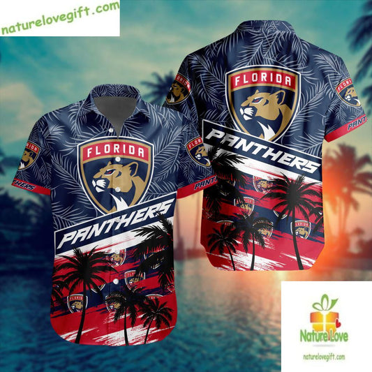 Florida Panthers Hawaiian Shirt Palm Tree Button Up Aloha Shirt