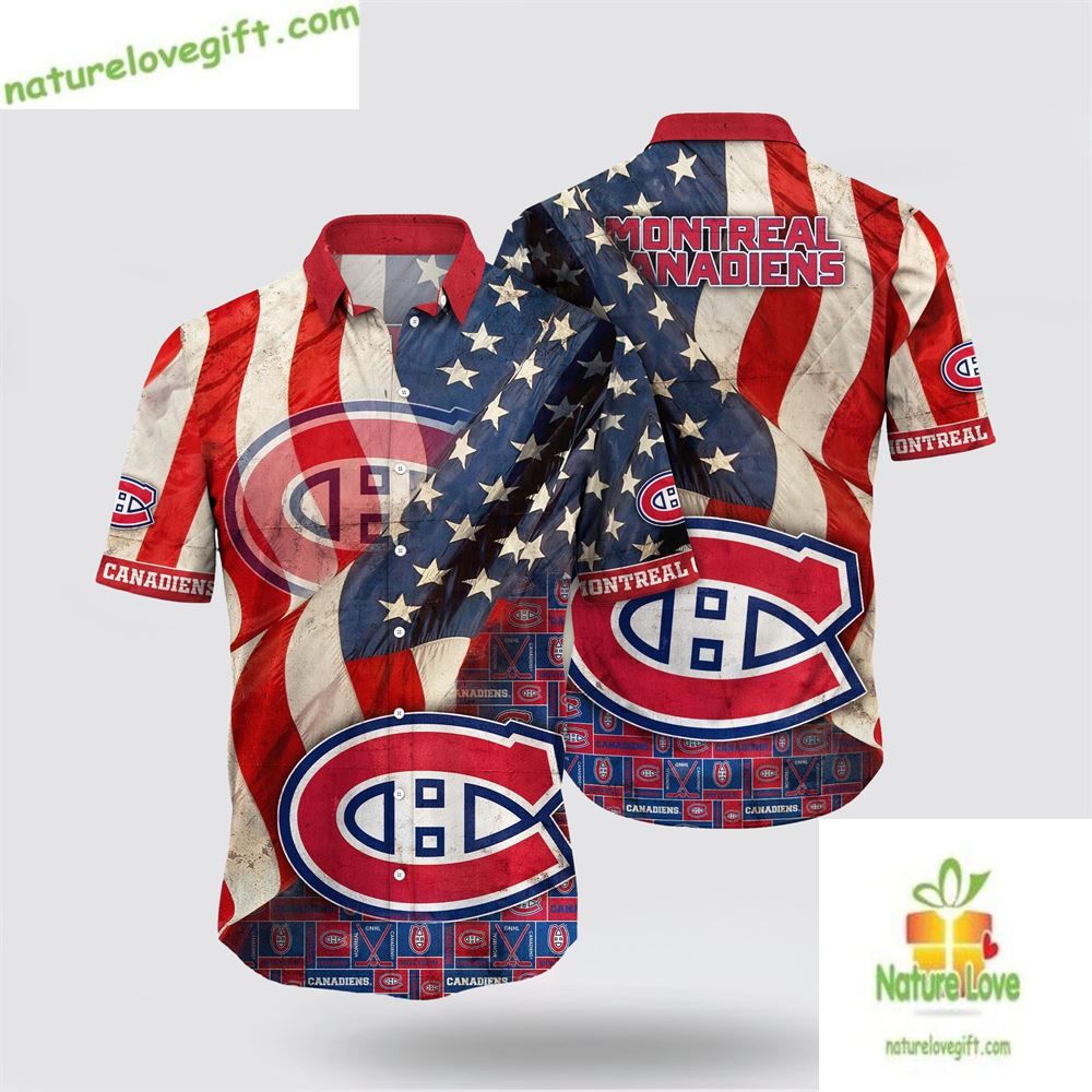 Montreal Canadiens NHL Hawaiian Shirt with American Flag Hockey Fan Gift