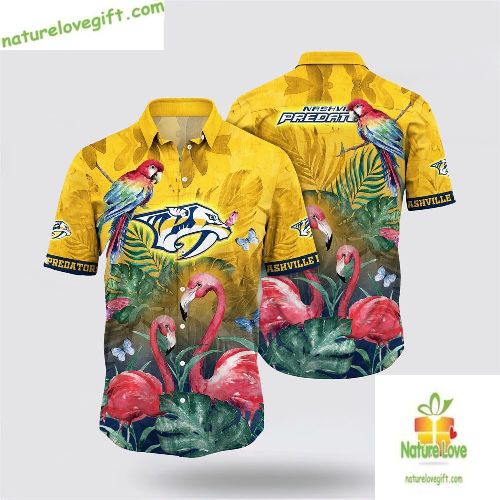 Nashville Predators Hawaiian Shirt Tropical Parrot Flamingo Print