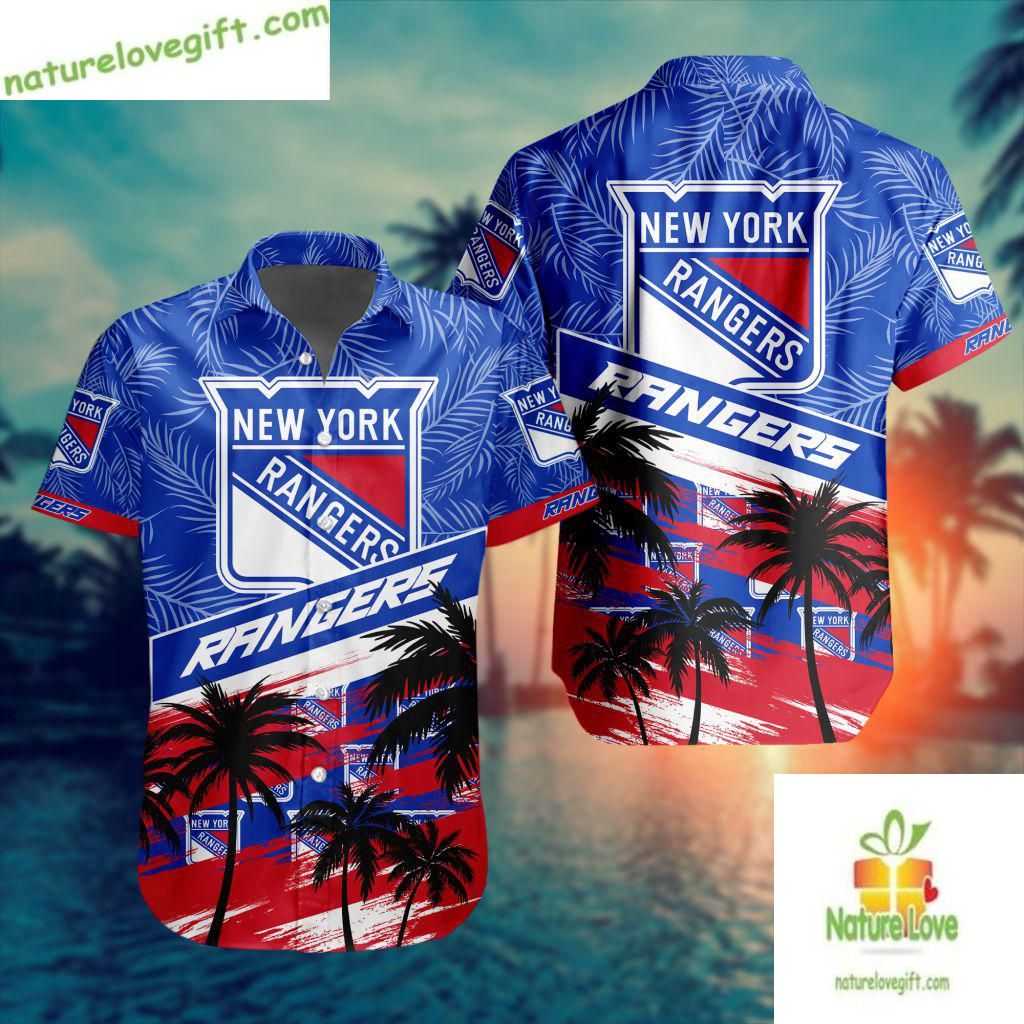 New York Rangers Hawaiian Shirt Palm Tree Button Up Aloha Shirt