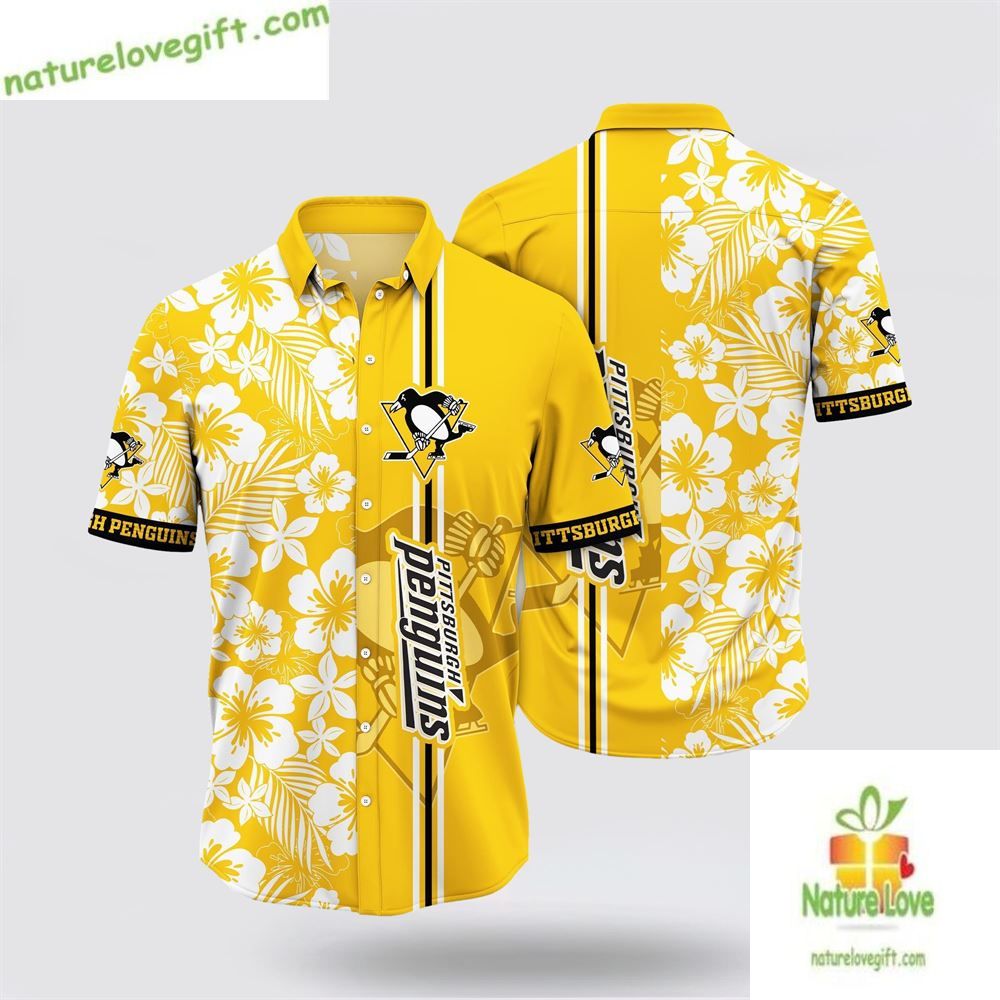 Pittsburgh Penguins Hawaiian Shirt Tropical Apricot Blossom Design