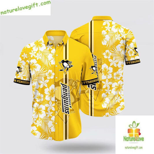 Pittsburgh Penguins Hawaiian Shirt Tropical Apricot Blossom Design