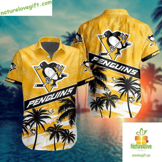 Pittsburgh Penguins Hawaiian Shirt Palm Tree Button Up Aloha Shirt