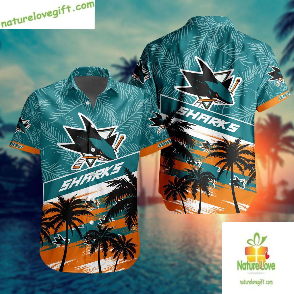 San Jose Sharks Hawaiian Shirt Palm Tree Button Up Aloha Shirt