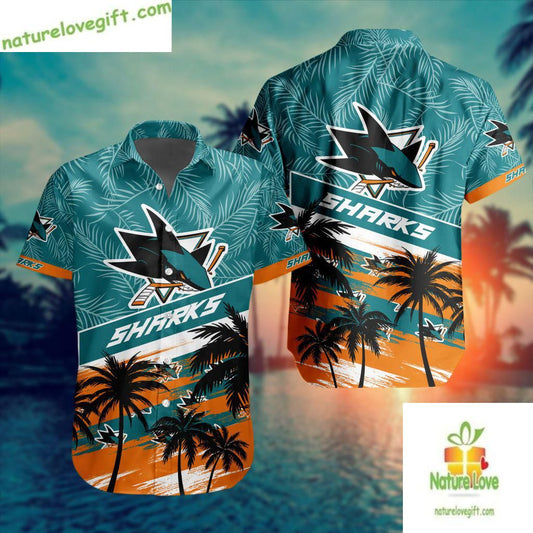 San Jose Sharks Hawaiian Shirt Palm Tree Button Up Aloha Shirt