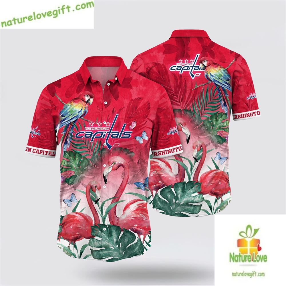 Washington Capitals Hawaiian Shirt Tropical Parrot Flamingo Design