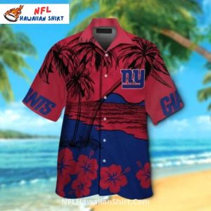 NY Giants Hawaiian Shirt Red Blue Palm Tree Sunset Print