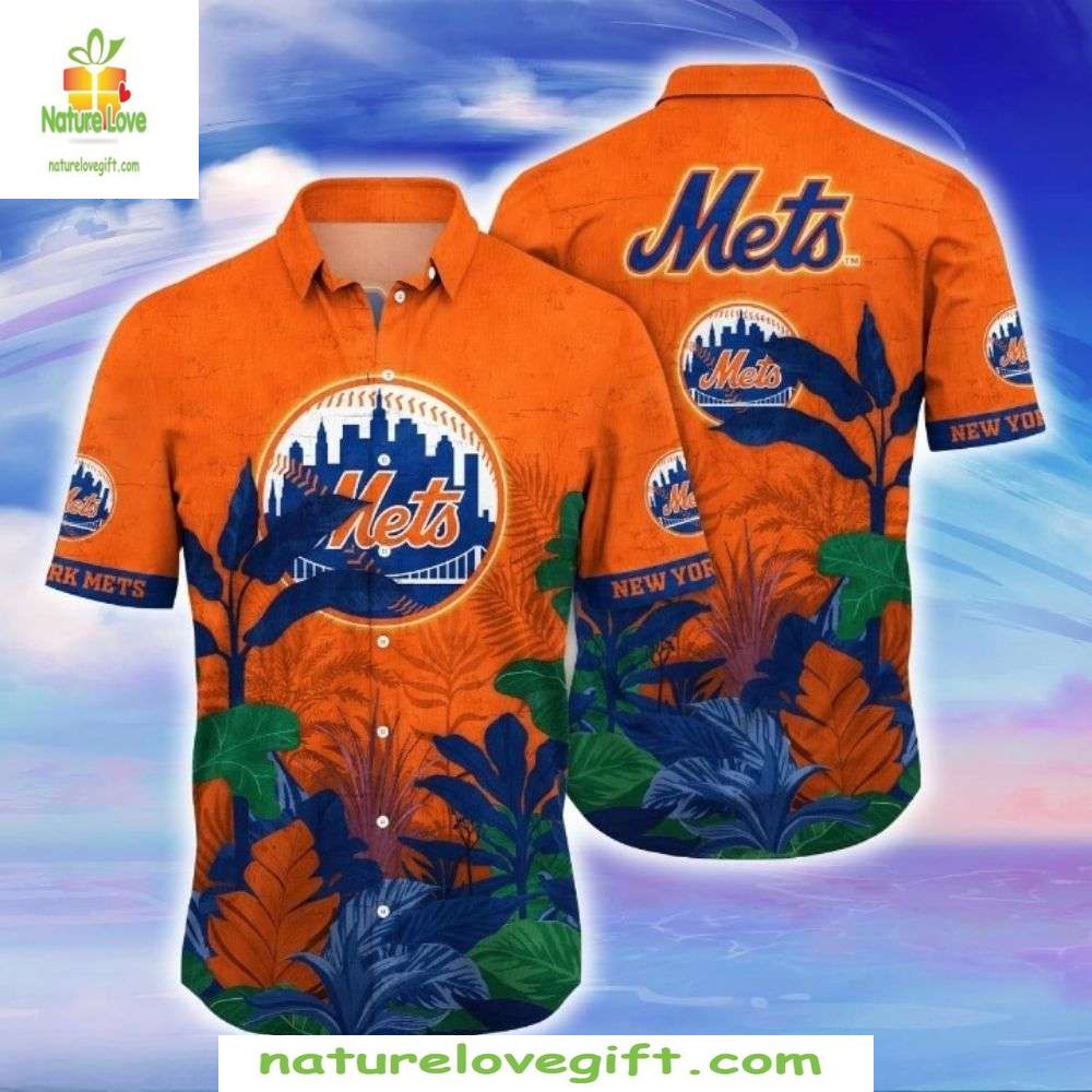 NY Mets Hawaiian Shirt Orange Dawn Design Stylish Baseball Apparel