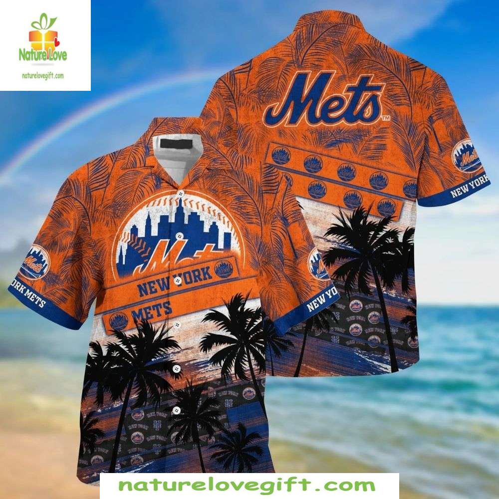 NY Mets Hawaiian Shirt Citrus Orange Palms Stylish Baseball Apparel