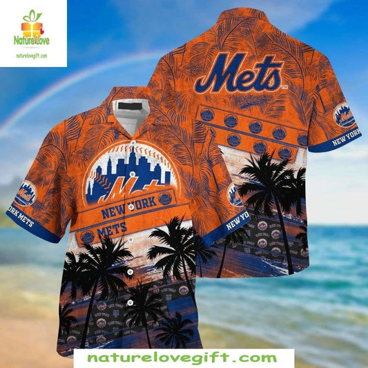 NY Mets Hawaiian Shirt Citrus Orange Palms Stylish Baseball Apparel