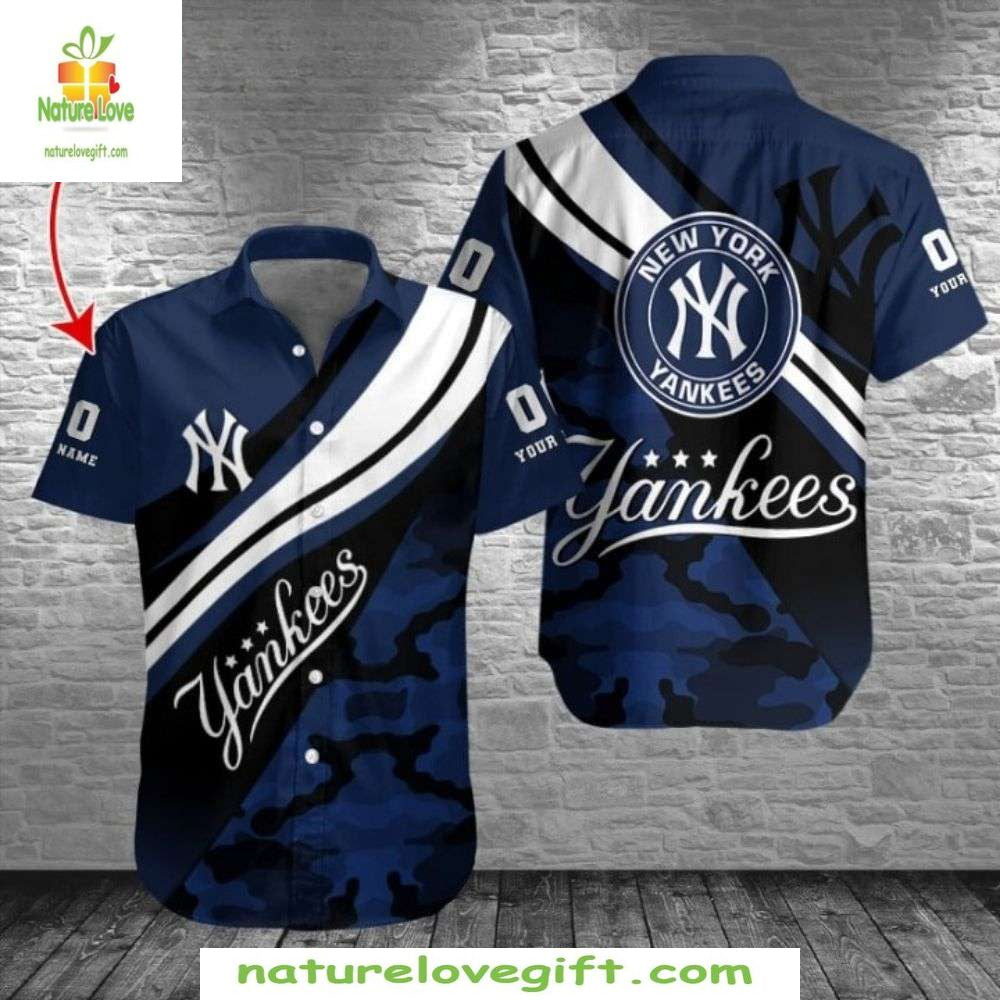 NY Yankees Camo Hawaiian Shirt with Stripes MLB Baseball Apparel