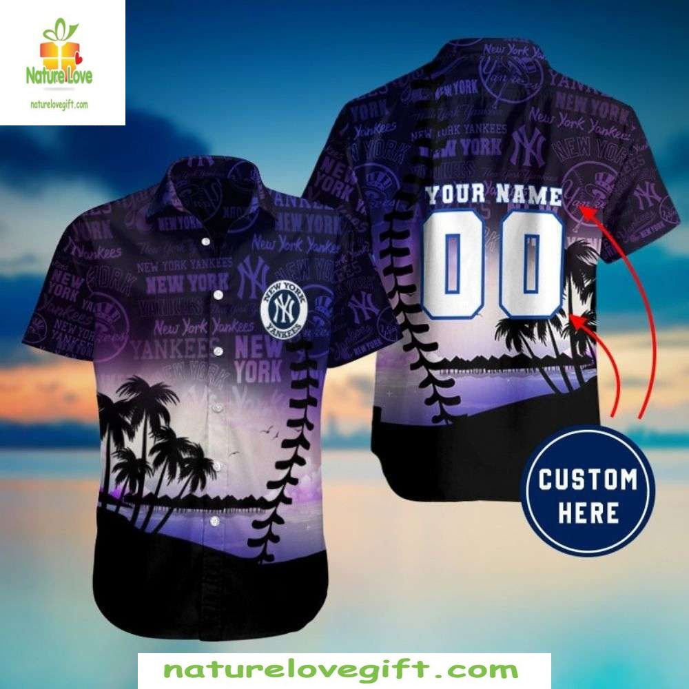 NY Yankees Hawaiian Shirt Tropical Sunset Palms MLB Baseball Apparel