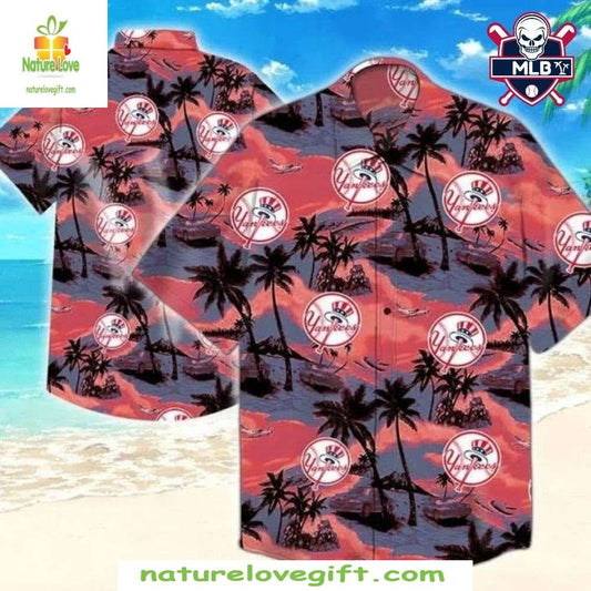 NY Yankees Hawaiian Shirt Red Sunset Beach Palm Tree Baseball Apparel