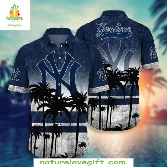 NY Yankees Hawaiian Shirt Tropical Sunset Palms Baseball Apparel