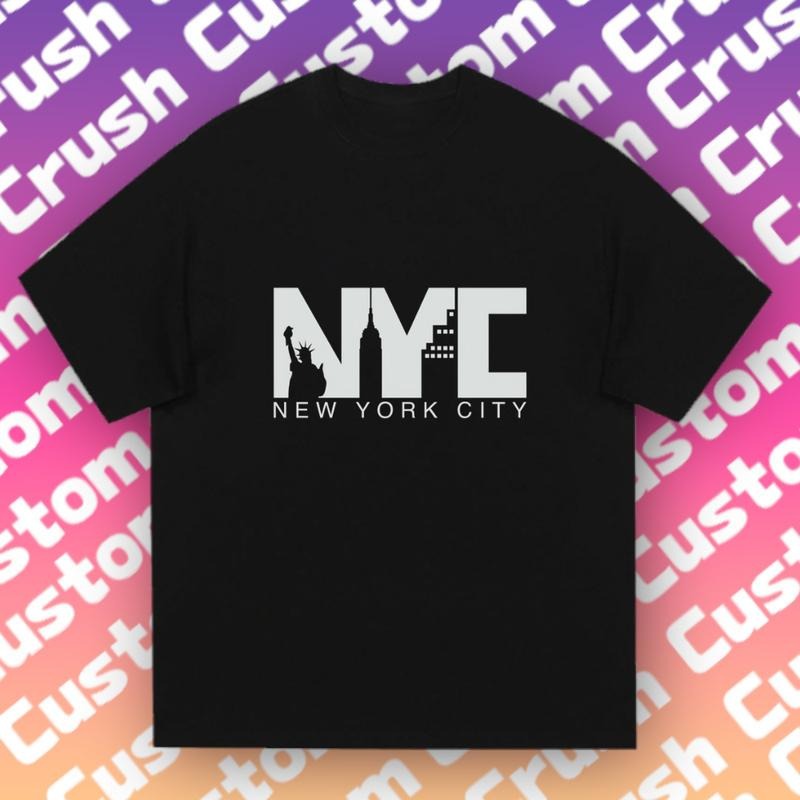 NYC City Emblem Tee |   White with Purple-Pink Gradient |   Statue of Liberty Print & Skyline Design Hoodie, Sweatshirt