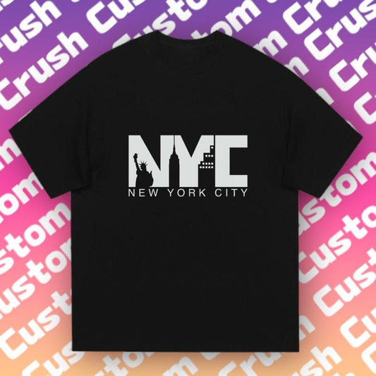 NYC City Emblem Tee |   White with Purple-Pink Gradient |   Statue of Liberty Print & Skyline Design Hoodie, Sweatshirt