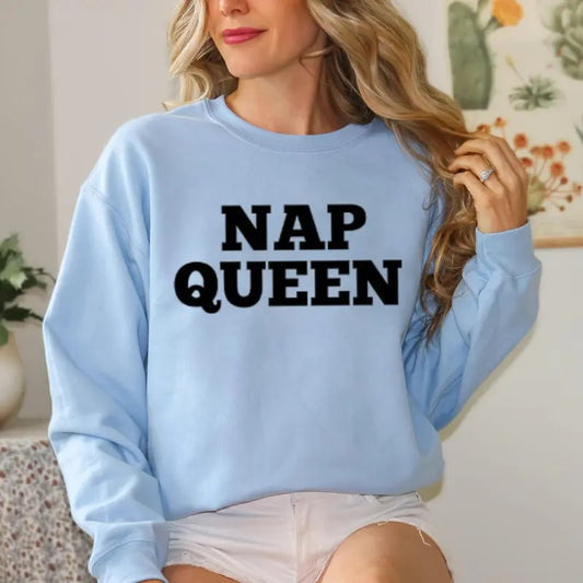 Nap Queen, Funny Sweater Casual Street Style Fleece Fabric Crewneck Pullover Sweatshirt Tops Trendy for Women for Men, Perfect Gifts
