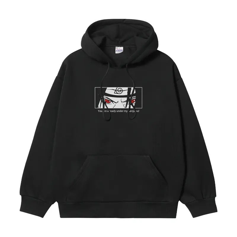 Naruto "Uchiha Itachi's Sharingan" Heavyweight Vintage Hoodie Cotton Blend Classic Anime Sweatshirt Menswear Tops Pullover Long Sleeve Casual Biker Black Print